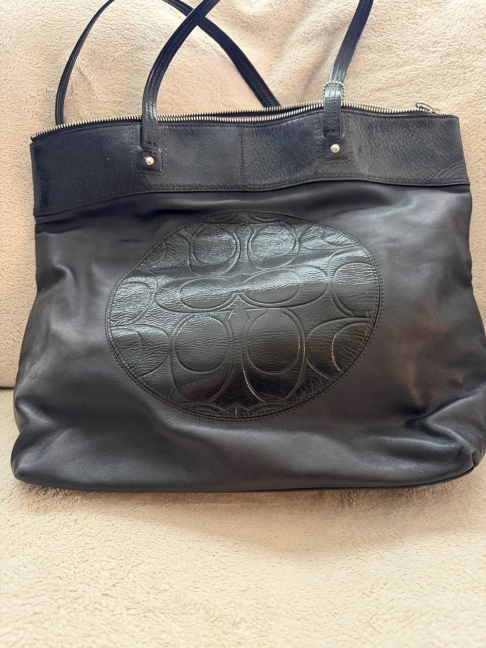 Coach Leather Tote Bag with Embossed Signature Patch - Black